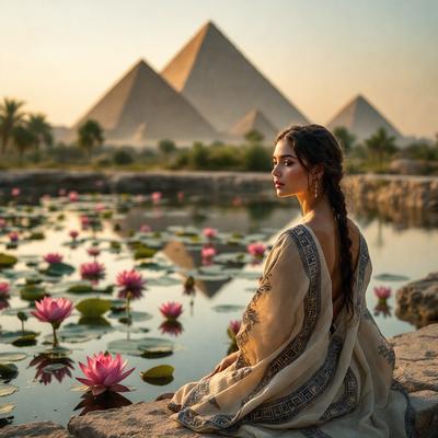 The primary subject of the image is a woman sitting by a body of water, which appears to be a pond or a lake. She is wearing a long dress and is surrounded by a serene environment. The setting includes a few pink flowers and a few lilypads, adding a touch of natural beauty to the scene. The visual style of the image is a combination of photo and digital art, creating a unique and artistic representation of the woman and her surroundings. The colors and mood of the image are pre